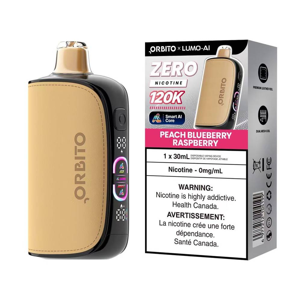 Orbito Lumo AI 120K Disposable Vape zero nicotine Peach Blueberry Raspberry